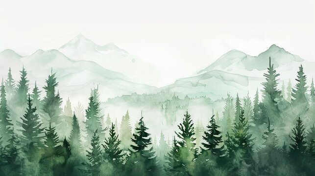 A watercolor illustration of forest trees. A mountain landscape. Pine trees in a woodland setting.