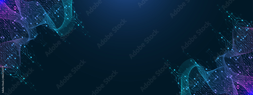 Aufkleber Quantum computer technologies concept. Futuristic blue circuit board background. Modern technology circuit board texture background design. Waves flow. Quantum explosion technology.