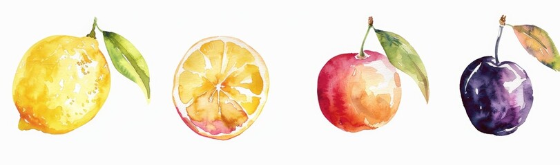 Tangerine, lemon, cherry, and plum hand painted in watercolor, isolated on white