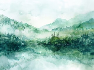 Background of colorful watercolor illustration painting featuring a mountain peak and trees.