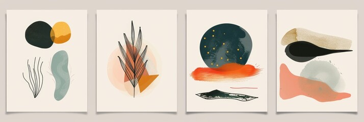 Design for wall decoration, postcard, poster, or brochure. Minimalistic hand painted abstract art background with watercolor stain and hand drawn doodle circles.