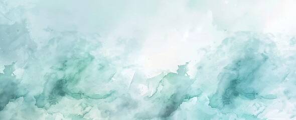 Stunning watercolor clouds texture on pastel blue green background with blotches and blobs of white smoke or haze