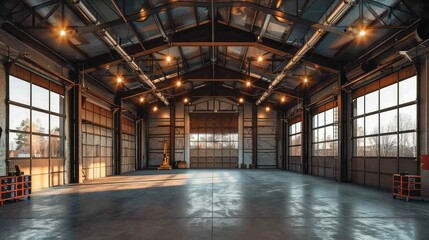 Empty industrial garage with high ceilings and metallic walls