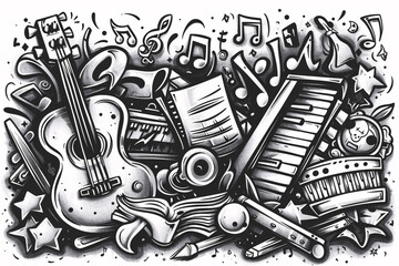 Back to school doodles on music theme featuring various musical instruments, notes, and school supplies, on a white background for educational and artistic purposes.