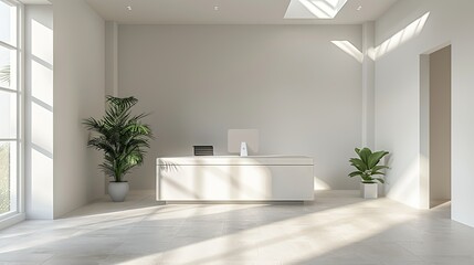 Empty minimalist office with white walls and a single desk