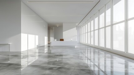 Empty minimalist office with white walls and a single desk