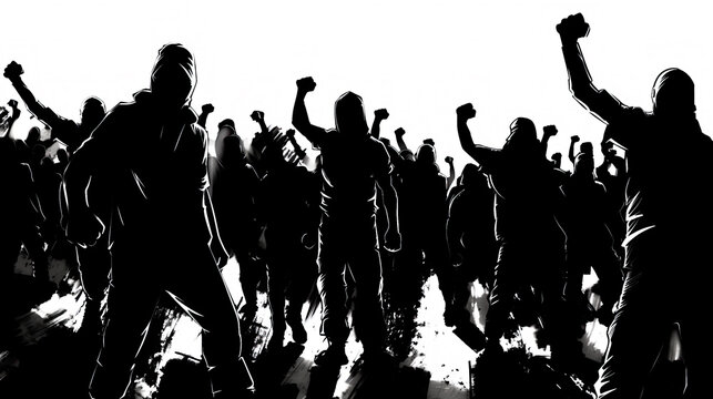 silhouettes d'hommes en col&egrave;re, le bras lev&eacute; - illustration en noir et blanc	
