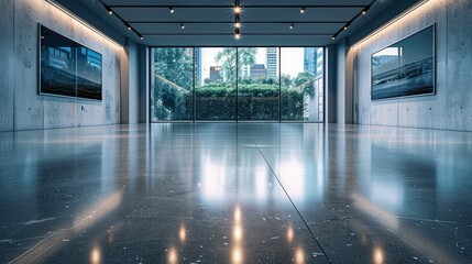 Empty showroom with glossy floors and ambient lighting