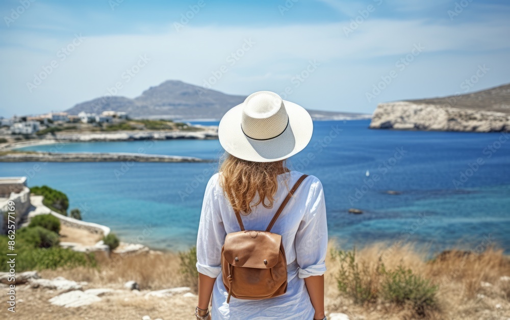 Sticker Woman admiring coastal view with blue waters and mountains