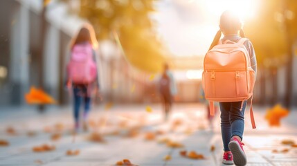 Children walking to school on a sunny autumn day, with backpacks and fallen leaves on the ground, back to school concept.