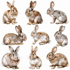 Fototapeta premium Imaginative watercolor illustration of bunnies and rabbits in different poses. Jump, sit, stand hare illustration element. Cute realistic rabbit and bunny set on white.