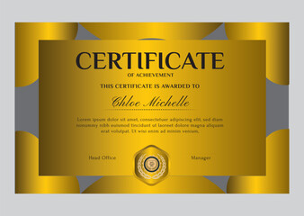 Elegant black and gold blue diploma certificate template with luxury badge and modern line pattern. For award, business, and education needs. Use for print, certificate, diploma, graduation