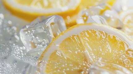 Refreshing lemon soda with ice cubes on hot summer day. Cold beverage concept