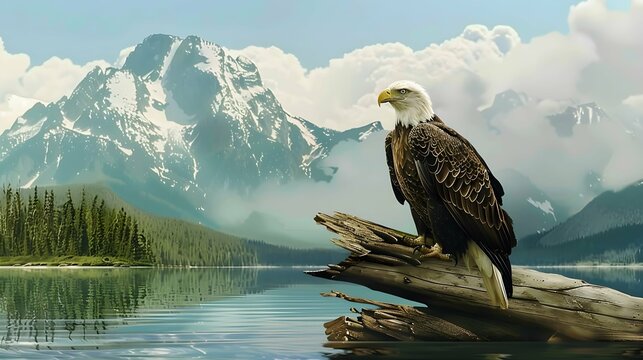 a bald eagle sitting on a log in the mountains above water