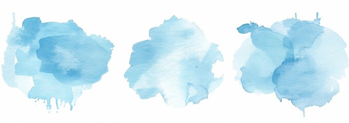 Blue watercolor clouds on white background. Cyan watercolour water splash texture. Set of modern pastel color paint stains with blue watercolor background.