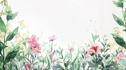 Naklejka premium The border of this illustration features watercolor wildflowers and leaves, perfect for a summer wedding or greeting card