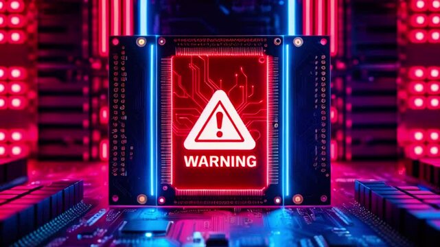 This is a close up of a circuit board with a red warning sign in the center that says "Warning".