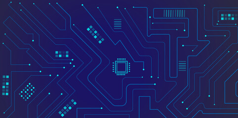 Vector illustration fantastic digital technology. Technology lines circuit and dots on blue background, circuit board network connection.