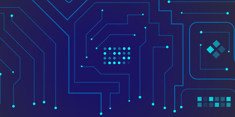 Glowing light blue neon AI chip with thin circuit contact lines. Technology lines circuit and dots on blue background, circuit board network connection.