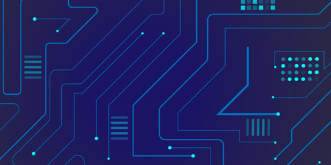 Glowing light blue neon AI chip with thin circuit contact lines. Technology lines circuit and dots on blue background, circuit board network connection.