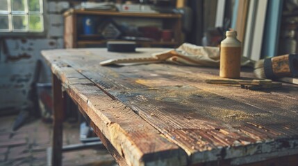 Sanding and oiling wooden garden table with sandpaper and oil cloth in progress empty space