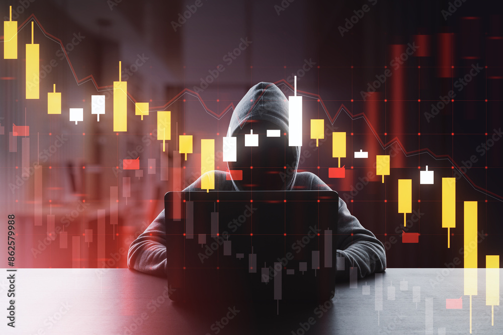 Poster hacker at desk using laptop with falling forex chart hologram on blurry background. financial crisis