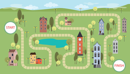 Vector illustration of a cute game background. Cartoon landscape scene with a maze, with start and finish inscriptions, trees, river, vintage houses with benches, stairs, street lamps, sky and clouds. © MVshop