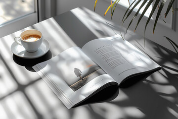 cup of coffee and open magazine, on the table, shadows from the window fall beautifully on the table and on the magazine