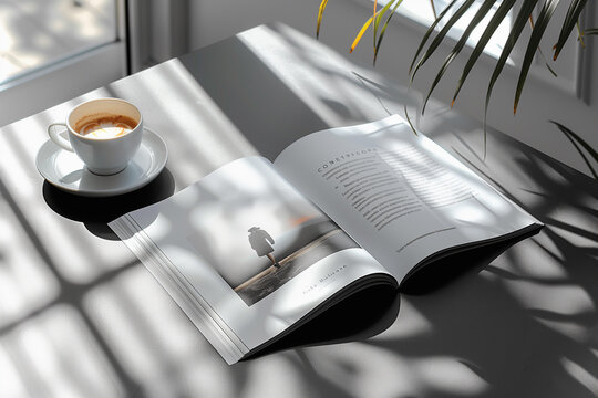 cup of coffee and open magazine, on the table, shadows from the window fall beautifully on the table and on the magazine