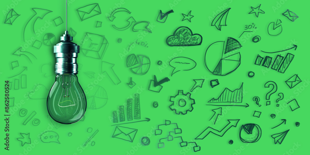 Poster creative business sketch with light bulb and other icons on green wall background. creativity, idea 