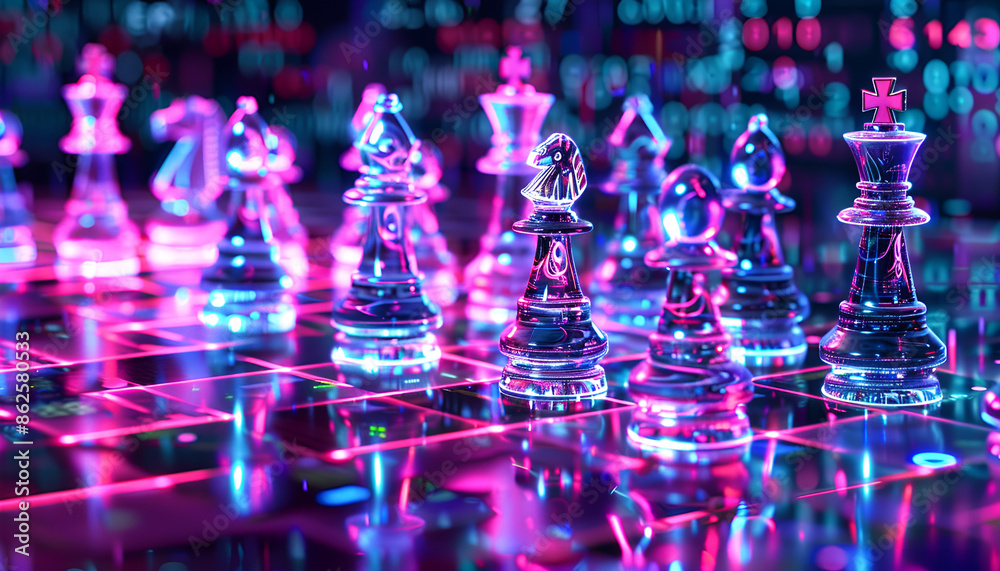 Wall mural Chess pieces on board in neon lights. Circuit board pattern and binary code symbolizing artificial intelligence