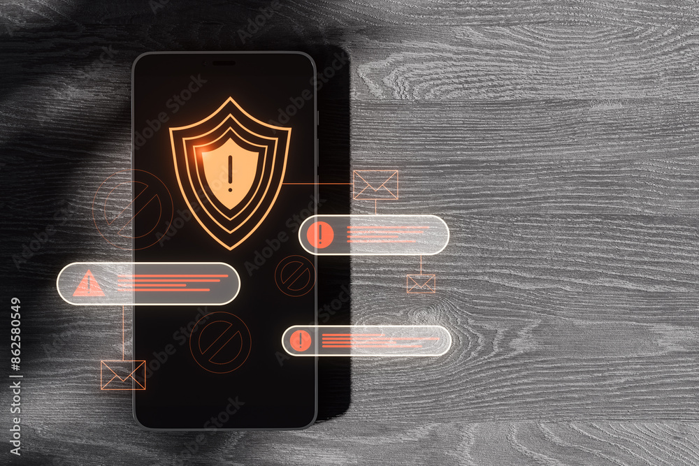Aufkleber Close up of smartphone with abstract digital web security error alert on wooden desk background with mock up place. Online safety and protection concept, hacker attack. Double exposure. 3D Rendering.