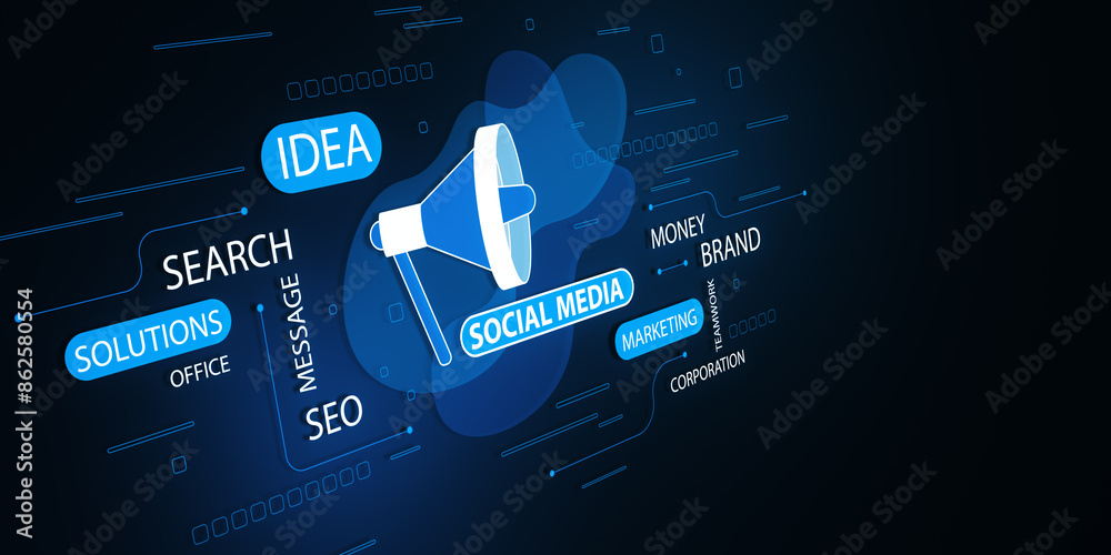 Poster creative social media ad hologram with loud speaker and text on dark blue background with mock up pl