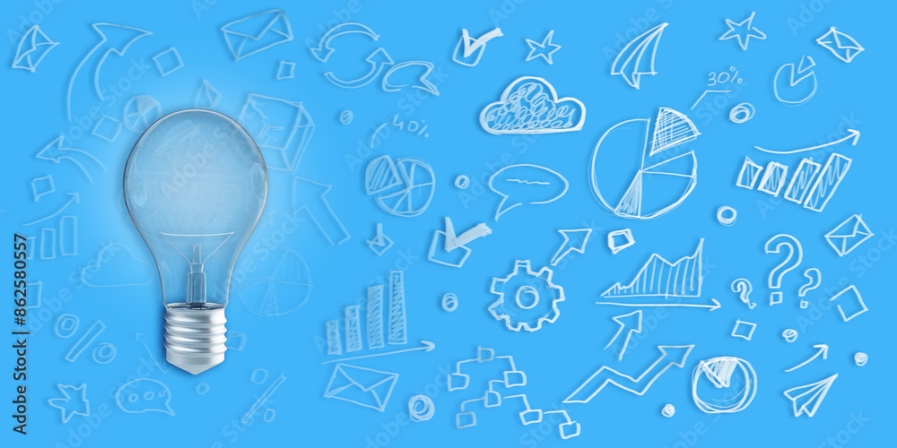 Poster creative business sketch with light bulb and other icons on blue wall backdrop. creativity, idea and