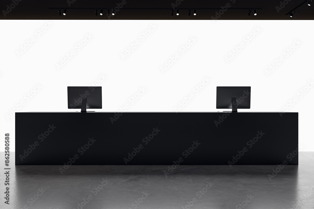 Poster clean office interior with bright white reception desk and mock up place. 3d rendering.