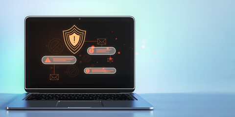 Close up of laptop with abstract digital web security error alert on blue background with mock up place. Online safety and protection concept, hacker attack. 3D Rendering.