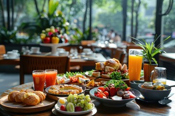 A woman is sitting at a table with a variety of food and drinks