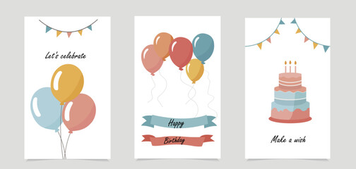 Happy birthday card set with cake, balloons and calligraphy. Cute bright vector templates