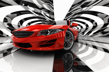 A sleek red sports car is showcased against a striking, abstract black and white background