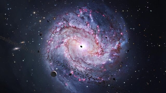 Space flight spiral galaxy M83 or the Southern Pinwheel galax space nebula travel exploration on deep space. Flight Into the Crab Nebula Pulsar supernova galaxy animation. Traveling through star field