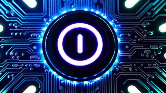 A glowing blue power button on a circuit board.
