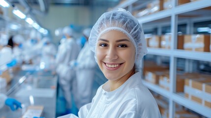 A close-up of a smiling worker in a cleanroom suit.