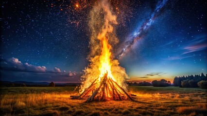 Huge bonfire in a field at night during a summer solstice festival with sparks flying upwards under a starry sky, bonfire