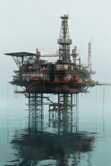 A detailed view of an offshore oil platform under clear skies, surrounded by calm waters, capturing the industrial infrastructure and its reflection on the sea surface