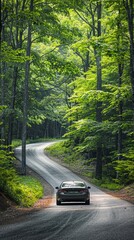 Minimalist summer road trip with a grey coupe on a winding forest road, providing plenty of copy space for text