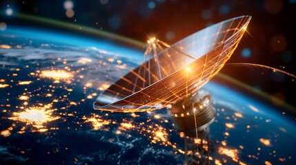 Close-up of a satellite transmitter with detailed parabolic dish and signal emitters, reflecting sunlight. 