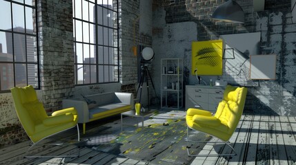 Yellow Accents in Modern Loft Interior