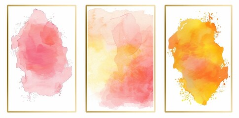 Background template collection of 5x7 invitation cards with pink watercolor wash splashed with golden frame