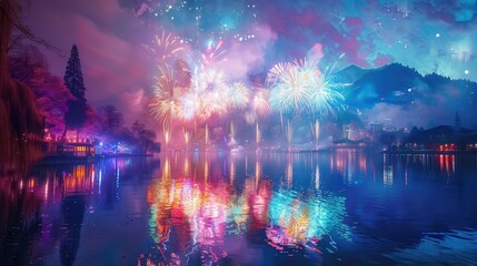 Fireworks over a serene lake, reflecting vibrant colors in the water