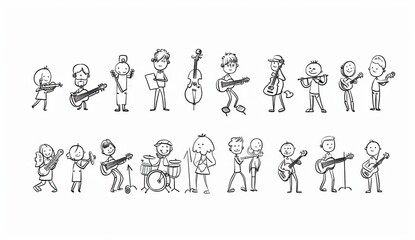 The set includes street musician characters, doodle outline modern illustrations, and is isolated.